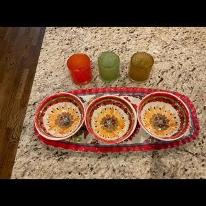 Pottery Barn Cabo Melamine Tray with Three Bowls and glass Votive Holders